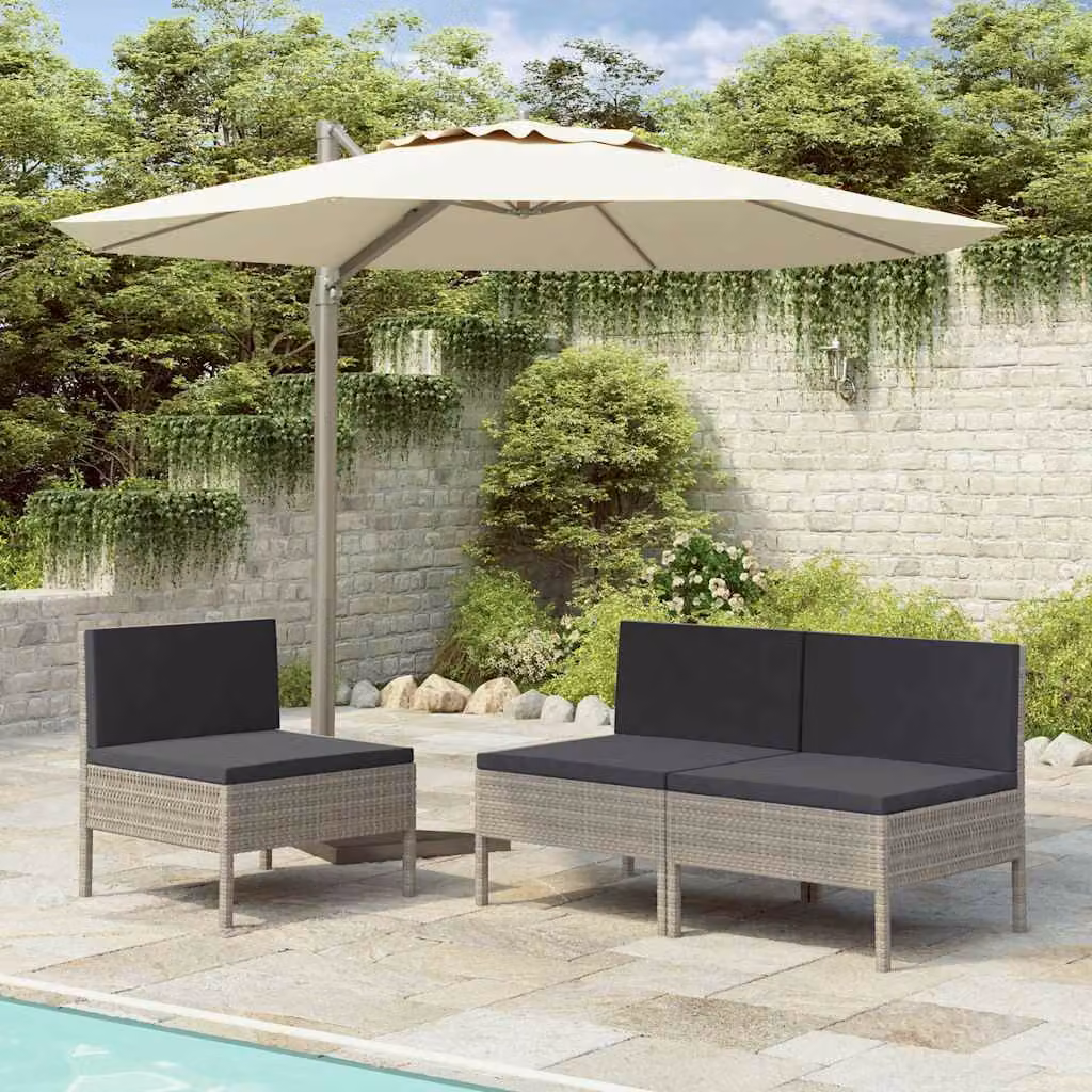 Set di 3 sedie da giardino vidaXL in polyrattan e metallo con cuscini, colore grigio antracite
