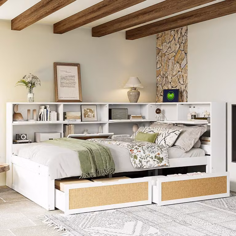 Divano letto Sweiko 140x200 con cassetto Letto singolo Letto per bambini con molti scomparti e cassetto di collegamento Bianco
