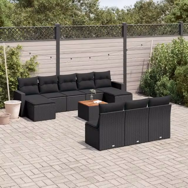 Set di divani da giardino VIDAXL in polyrattan nero con 11 pezzi e cuscini inclusi