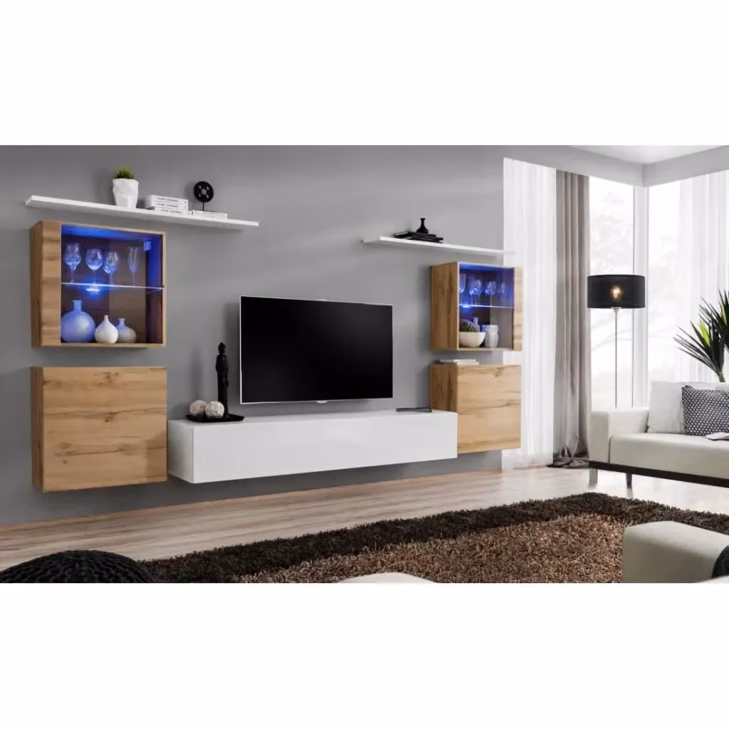 Composizione murale SWITCH XIV Meublorama mobile TV sospeso bianco e rovere con illuminazione LED integrata e ante in vetro – 2