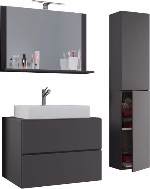 Set da bagno EZOOZA moderno composto da 4 pezzi con mobile sospeso a 2 cassetti, lavabo XL in ceramica bianca, colonna e specchio, finitura antracite opaca