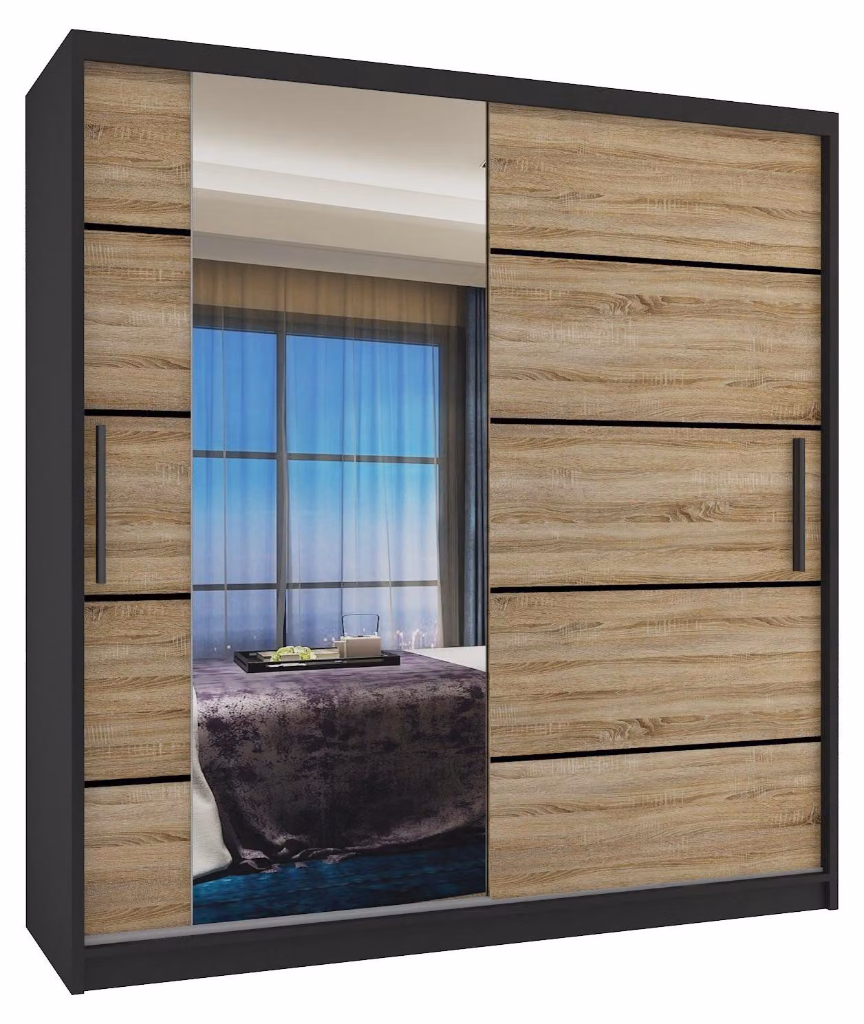 BELINI Verona, armadio scorrevole da 158 cm, nero/effetto legno noce sonoma opaco - armadio con specchio e 2 cassetti, ideale per la camera da letto