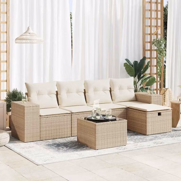 Set Divano da Giardino vidaXL 6 pz in Polyrattan con Cuscini Beige e Tavolino da Esterno