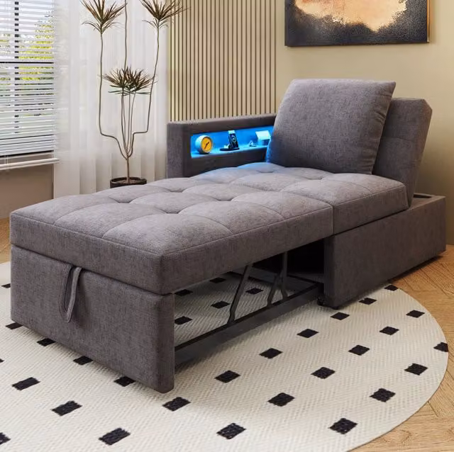 Divano letto 3 in 1 177x68x65 cm grigio scuro, schienale 5 posizioni, lino,