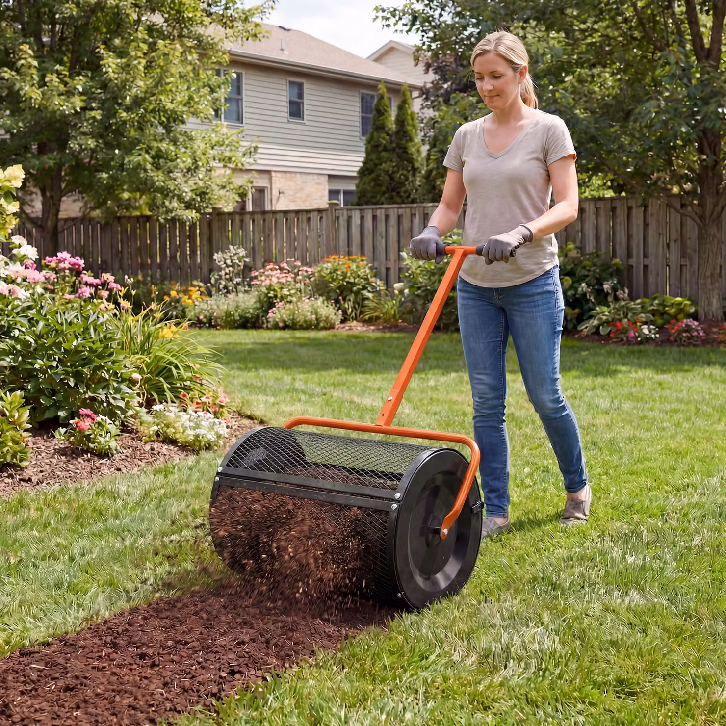Spargitore di compost e letame manuale Costway con manico a T per semina e giardino, Arancione