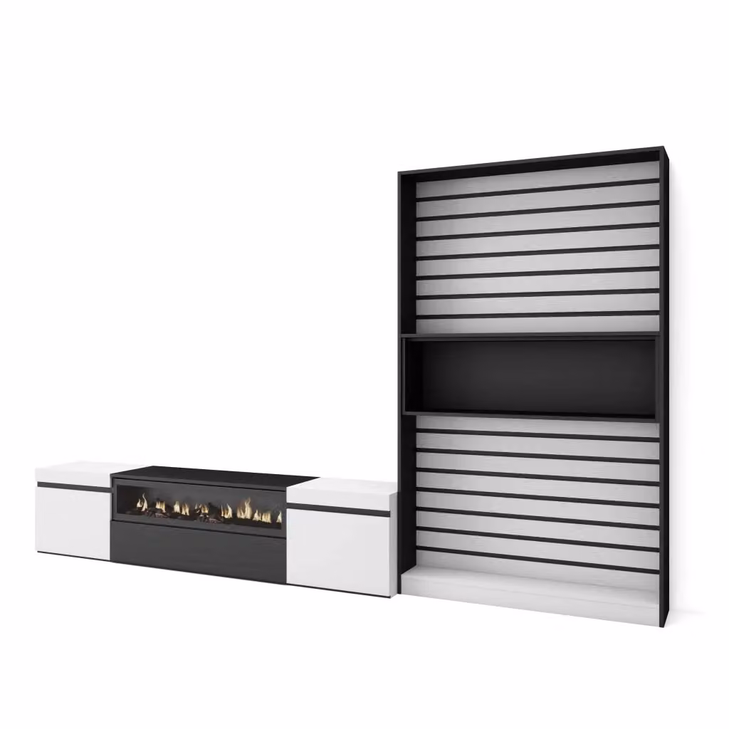 Mobile TV per soggiorno Skraut Home con camino elettrico, Bianco e nero, L/P/H: 310 x 35 x 186 cm – 2