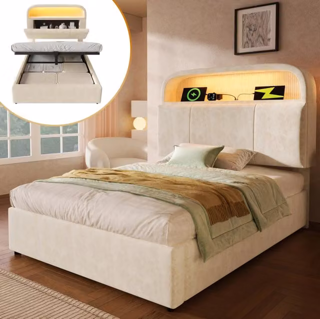 Letto singolo imbottito ULEVR 90x200 cm con contenitore idraulico, LED, USB e Type-C, velluto beige