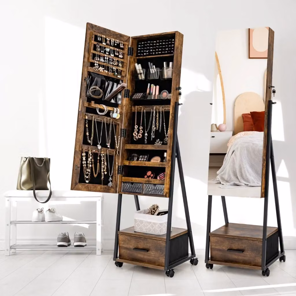 Armadietto portagioie da terra con specchio e cassetti Caffè, mobile contenitore in legno e metallo con serratura per camera da letto e corridoio, H: 108 cm, L: 37 cm, P: 10 cm – 2