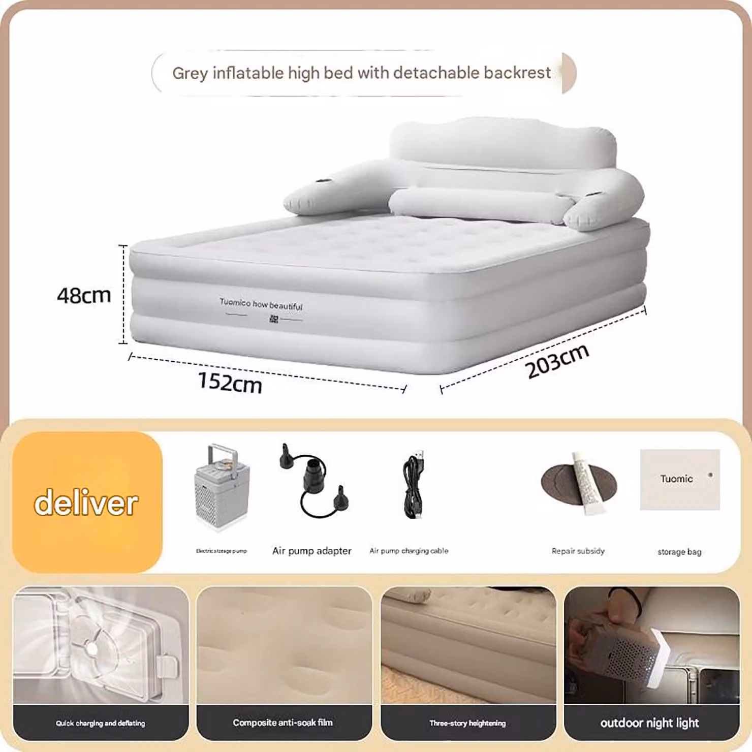 Materasso gonfiabile matrimoniale – Letto ad aria per campeggio e uso domestico – 2 persone – 48 cm di altezza – Tessuto in PVC floccato, morbido e delicato sulla pelle – Grigio