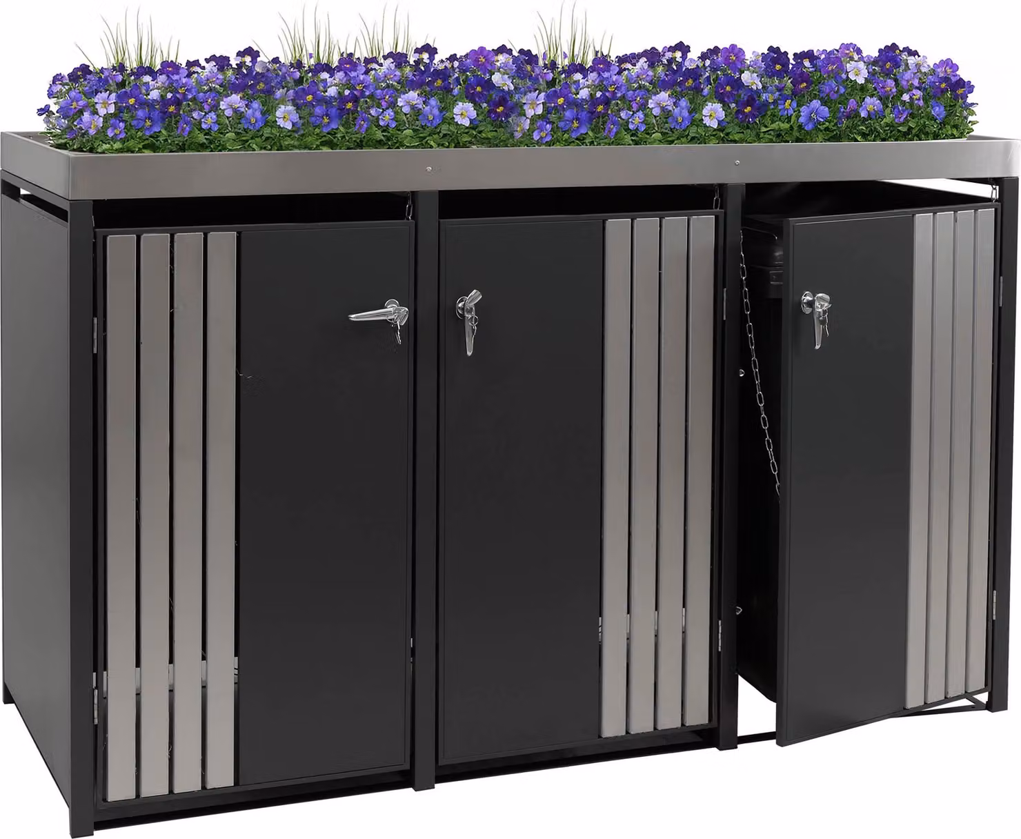 coperchio per cestino a 3 scomparti HWC-O67, cestino con fioriera, metallo 125x196x84cm 75kg ~ acciaio inox antracite