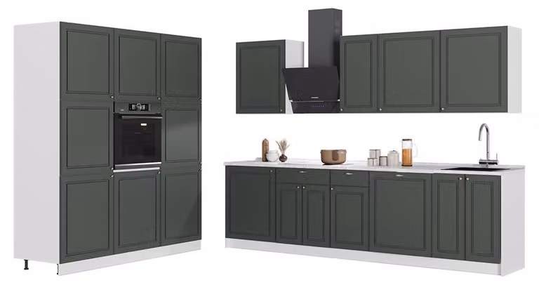Cucina componibile Vicco Fame-Line Verde-oro rustico/Bianco 460 cm, PL Antracite, Model 63825