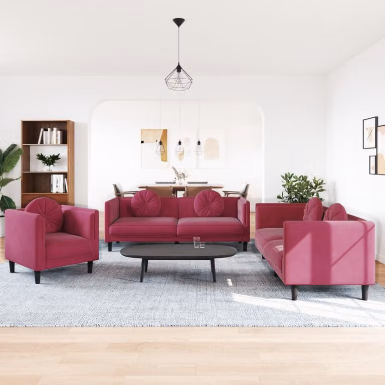 Set di divani vidaXL da 3 pezzi in velluto rosso con cuscini e struttura in legno massiccio per soggiorno