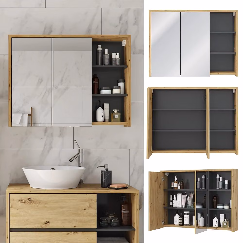 Specchio contenitore da bagno Vicco moderno con ante a specchio e ripiani interni, Rovere e Antracite, L: 100 cm, H: 75 cm – 2