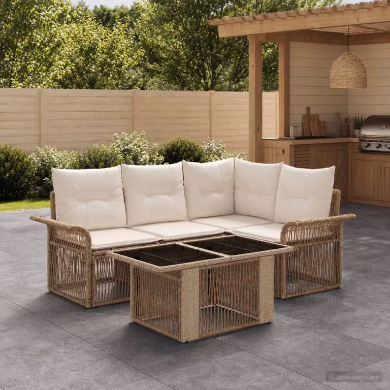 Set Divano da Giardino vidaXL 5 Pezzi Moderno a Forma di L con Tavolino, Colore Beige e Bianco Crema, Struttura in Metallo e Polyrattan con Cuscini Inclusi