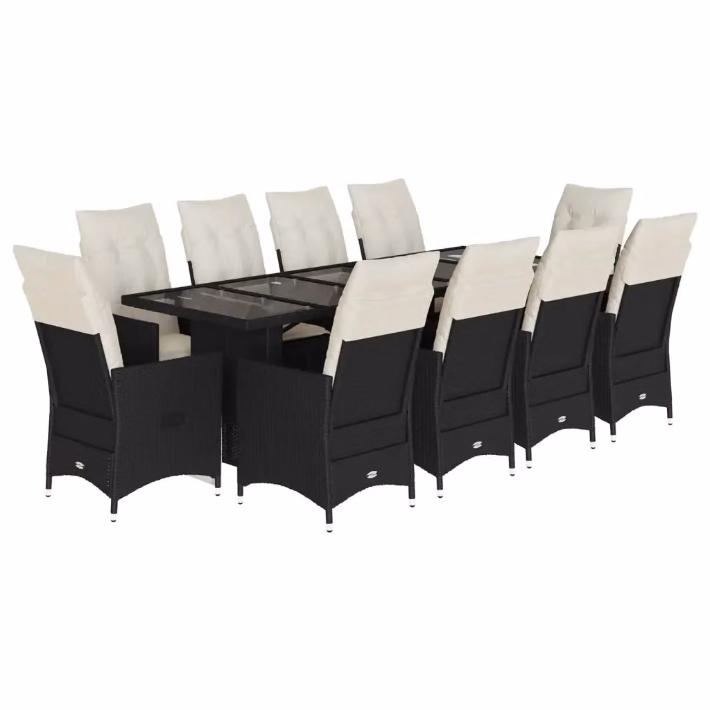Set da Bistrò da Giardino vidaXL in Polyrattan Nero con Cuscini e Piano in Vetro, 11 Pezzi – 2