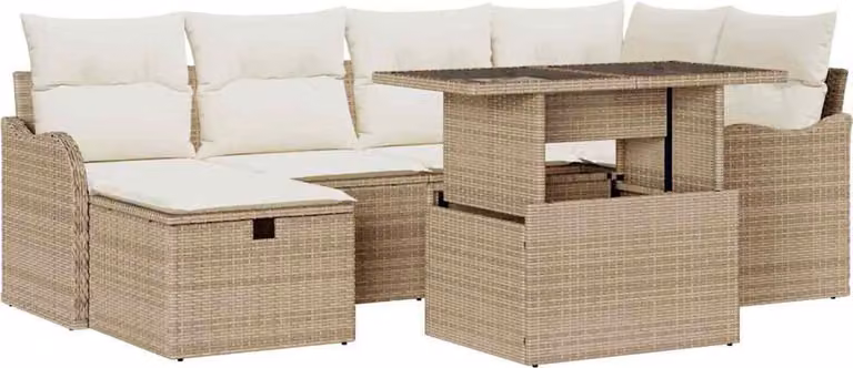 Set Divano da Giardino con cuscino 7 pcs Beige Poly Rattan
