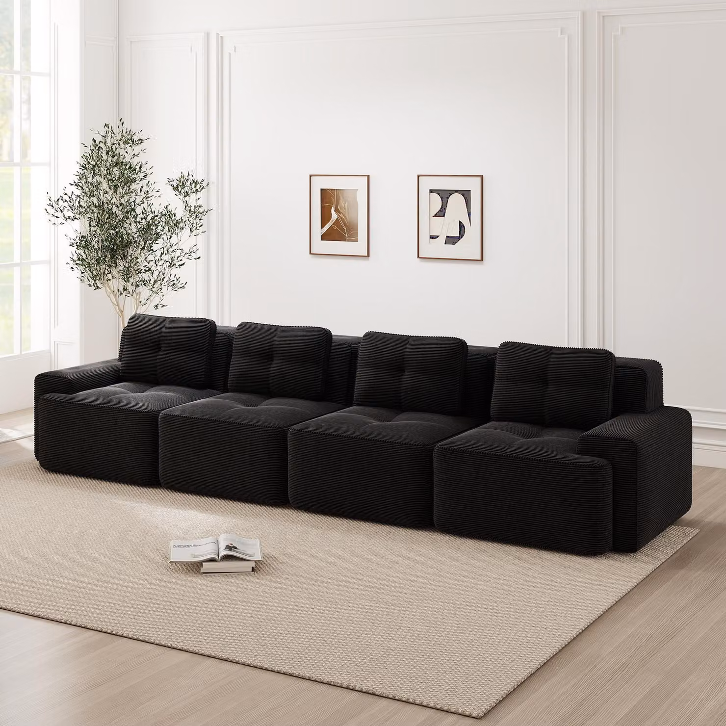 Divano modulare "Boneless", 4 posti, rivestito in tessuto "Cord", seduta profonda, senza necessità di montaggio, antiscivolo (colore: nero)