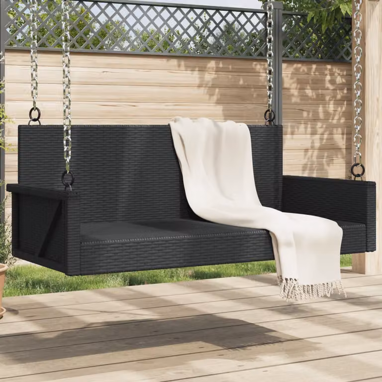 Panchina a dondolo moderna vidaXL in polyrattan nera con cuscini L: 119 cm, P: 56 cm, H: 48 cm