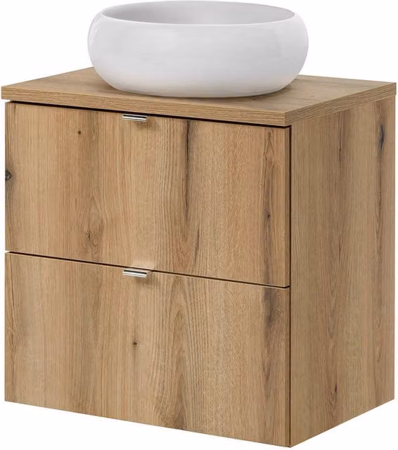 Mobile Pensile Sottolavabo Newport con 2 Cassetti e Lavabo Rotondo Bianco 60x72x40 cm - Effetto Rovere [en.casa]