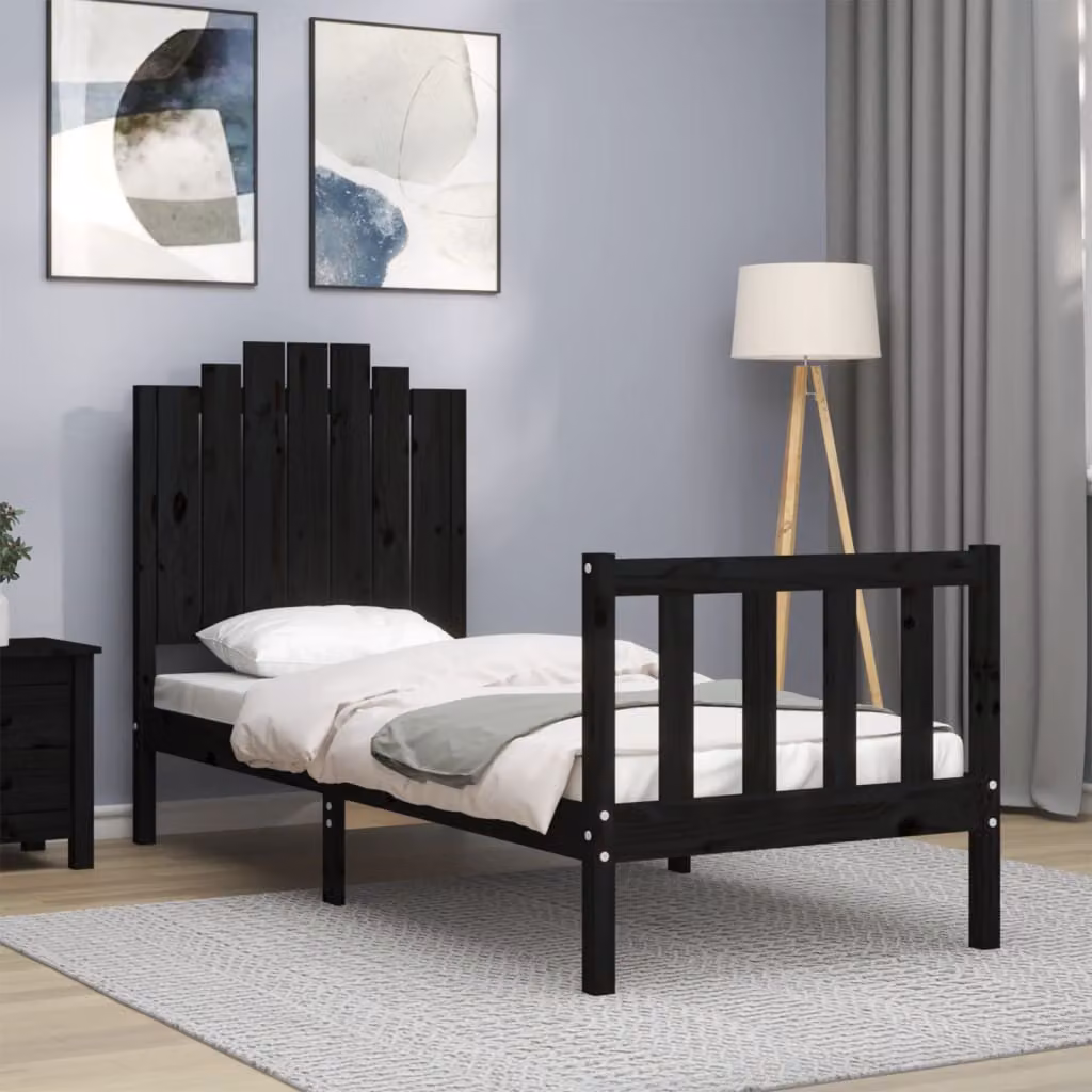 vidaXL Giroletto con Testiera in Legno Massello di Pino Nero Small Single L 90 x P 195.5 x H 80.5 cm