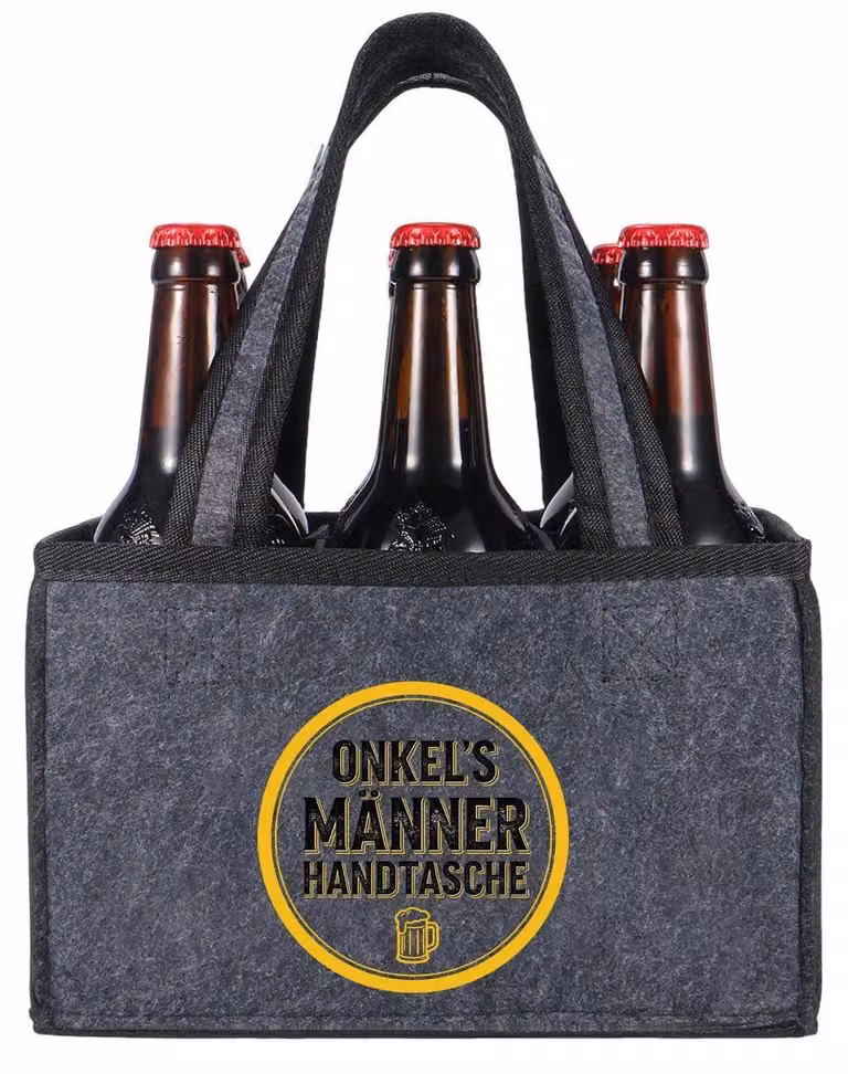 Portabottiglie in feltro per 6 bottiglie, dimensioni 24x15x15 cm. Ideale come regalo a tema birra, perfetto per un regalo al cugino/zio per il suo compleanno