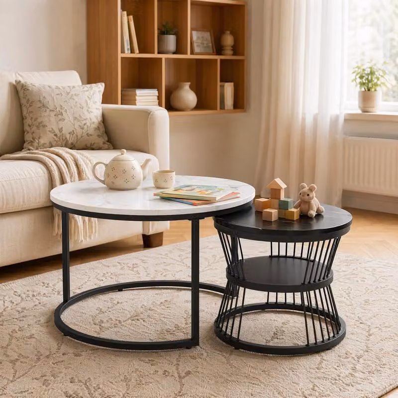 Set di tavolini ProximaX, 2 pezzi, forma rotonda, effetto marmo nero e bianco, con struttura in metallo