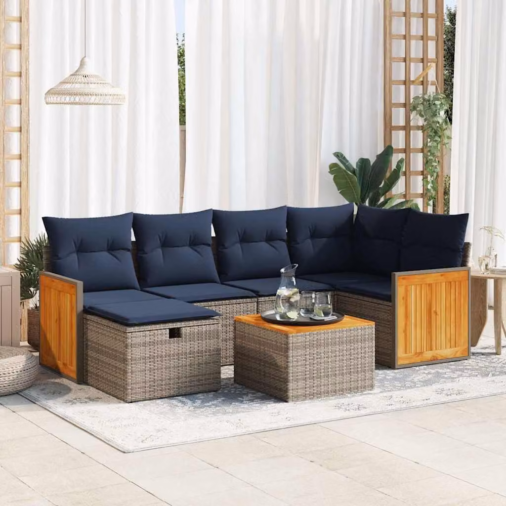 Set di divani da giardino vidaXL 7 pezzi in polyrattan con cuscini grigi e tavolino per esterno a forma di L