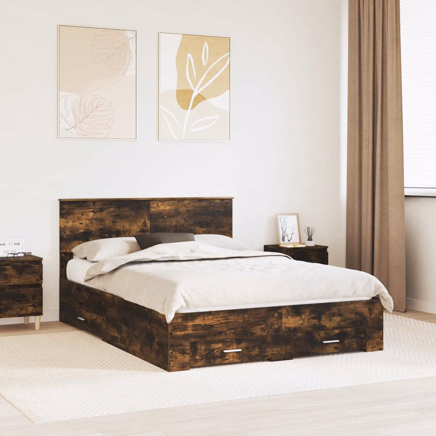 Struttura del letto con cassetto vidaXL in legno Rovere Fumo, L/P/H: 140 x 190 x 90 cm