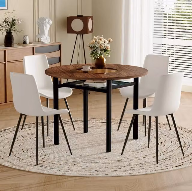 Set tavolo rotondo con sedie, Ø 100 cm, MDF e vetro, marrone, nero e bianco