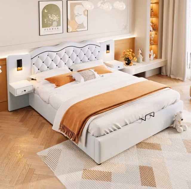 Letto imbottito 180x200 cm; alzata idraulica e luci; lino e MDF; beige