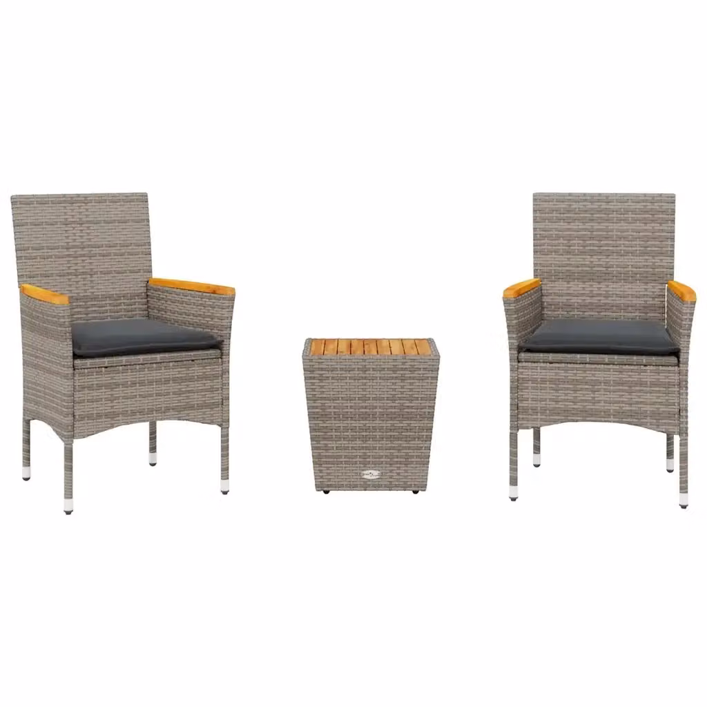 Set da Bistrò 3 pz vidaXL in Polyrattan e Legno di Acacia con Cuscini e Piano in Vetro Grigio – 2