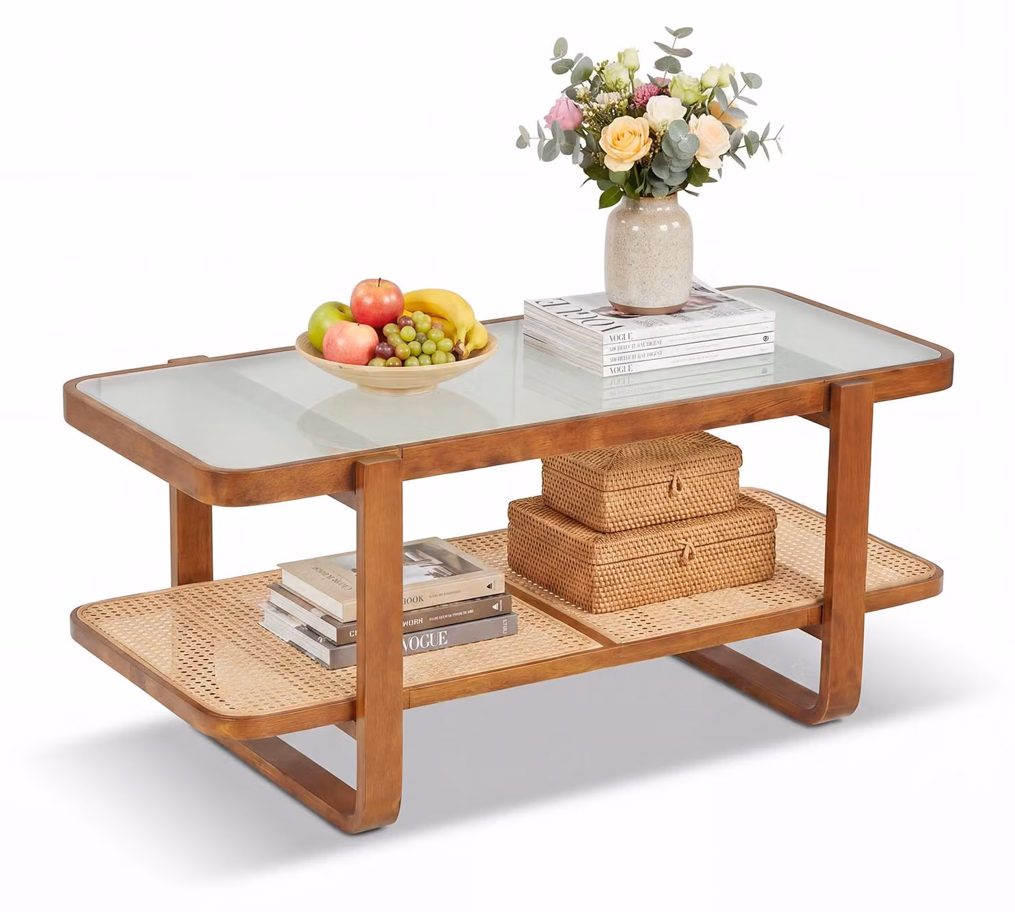 Tavolino rettangolare COSTWAY, tavolino da soggiorno, tavolino ausiliario con piano in vetro, struttura in legno e ripiano in rattan, tavolino da caffè, dimensioni 105 x 50,5 x 45 cm, finitura noce
