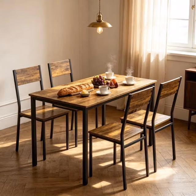 Set tavolo da pranzo e sedie con 1 tavolo rettangolare e 4 sedie in truciolare e acciaio marrone rustico e nero