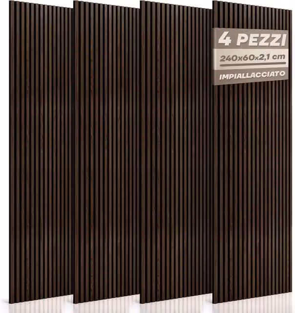 Set di 4 Pannelli Decorativi Parete RMF PRO in MDF con Effetto Legno Grigio, Rivestimento Acustico Fonoassorbente, L: 240 cm, H: 60 cm