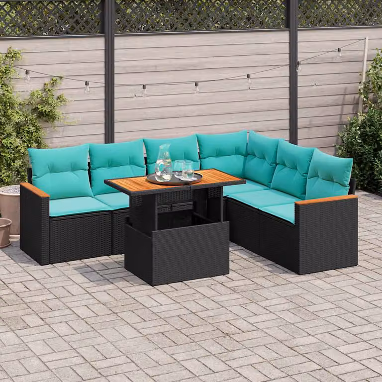 Set di divani da giardino vidaXL in polyrattan nero con 7 cuscini blu e struttura in legno di acacia oliato