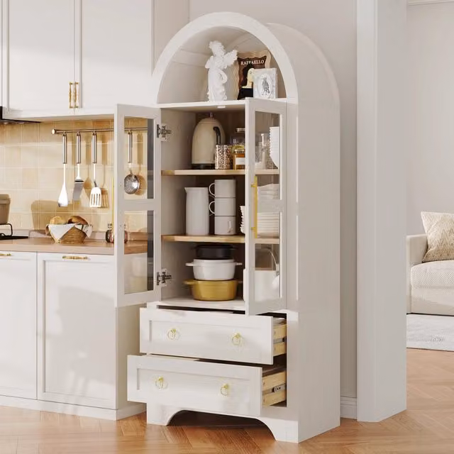 Credenza alta con 2 ante in vetro, 2 cassetti e ripiani regolabili per cucina e soggiorno, in MDF e vetro, bianca