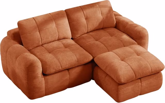 Divano modulare angolare 2 posti senza telaio con rivestimento in ciniglia arancione, completo di pouf, per soggiorno e appartamenti