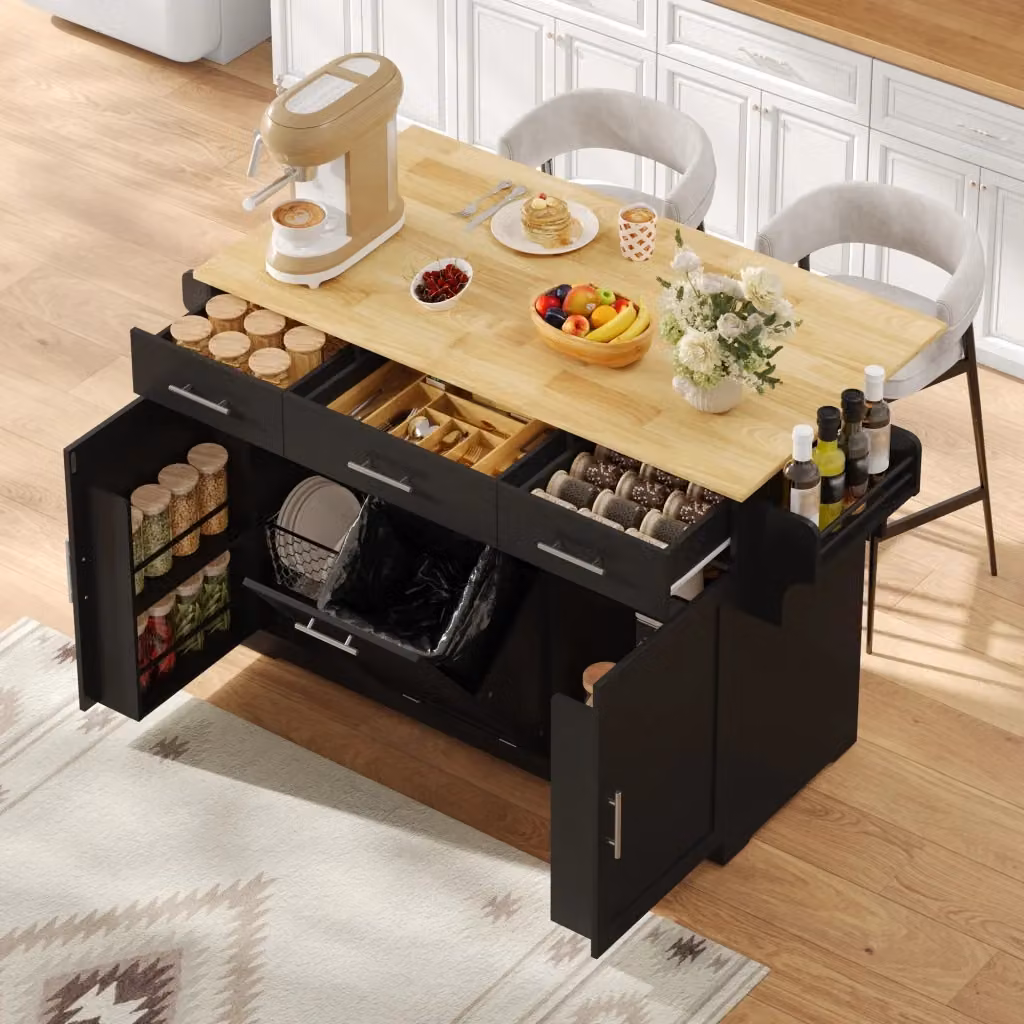 Isola cucina moderna in MDF con presa integrata, finitura opaca nero e naturale, L/P/H: 136 x 75 x 92 cm – 2