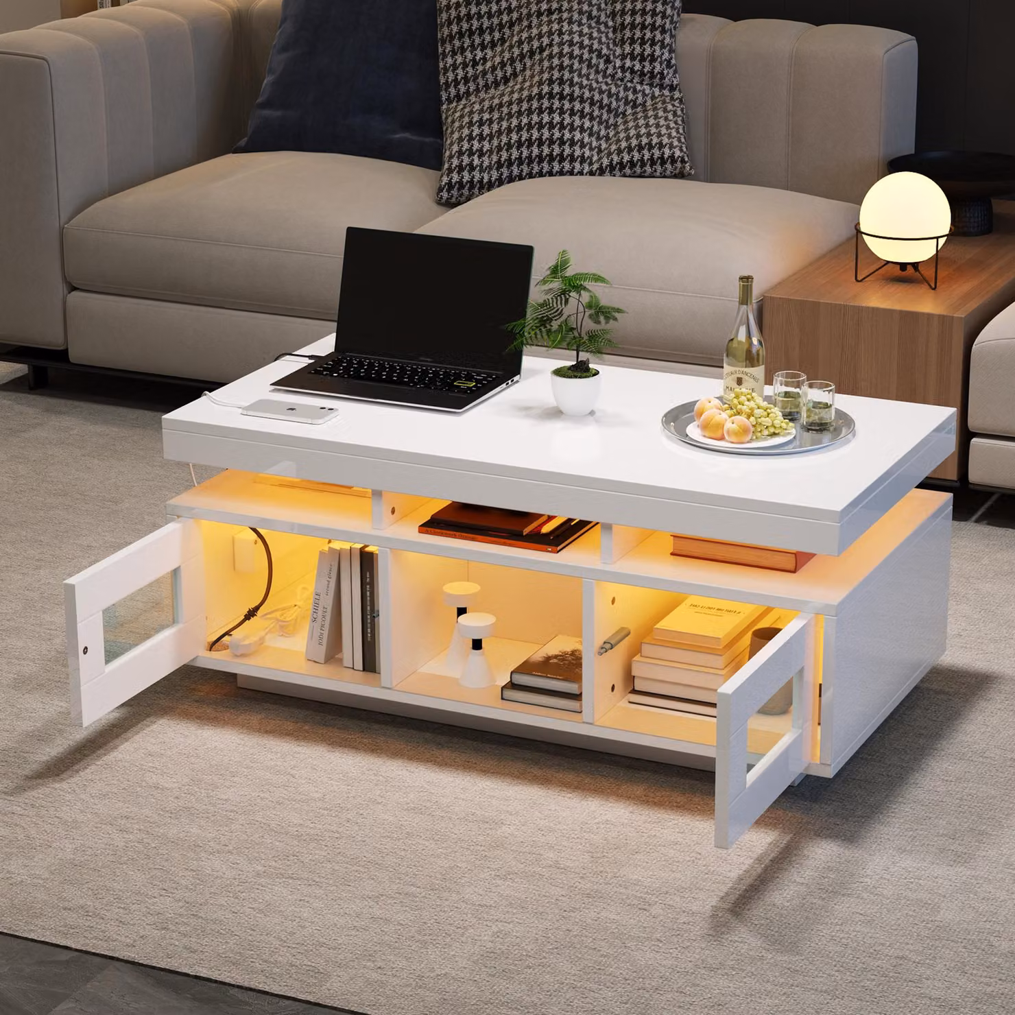 Fortuna Lai Tavolino bianco lucido 100×50×43 cm, con luci LED controllabili tramite app mobile, tavolino da salotto con armadio, tavolino da divano con presa di ricarica e presa di corrente, adatto per ufficio, studio
