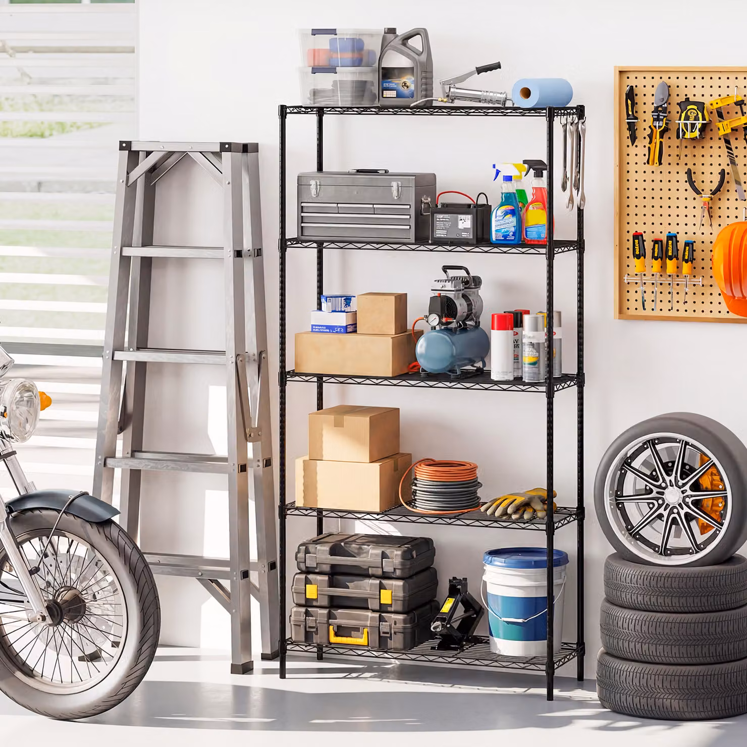 Scaffale organizzatore Costway in metallo nero con 5 ripiani regolabili per cucina, garage o giardino, L 91 cm x P 35 cm x H 182 cm