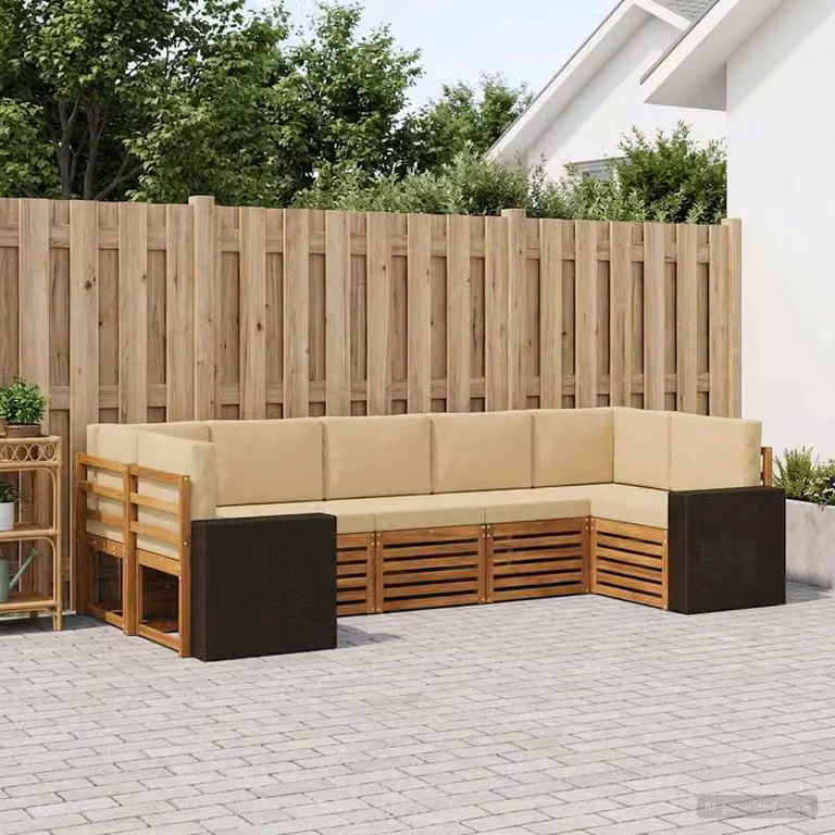 Set di divani da esterno vidaXL 7 pz a forma di L in legno di acacia con cuscini beige e sabbia