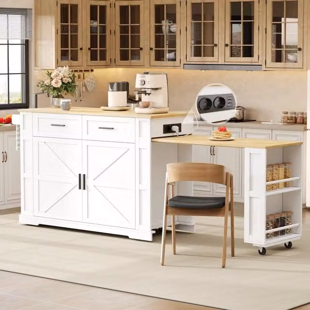 Isola da cucina mobile WISHDOR in stile country house con piano estraibile, 2 cassetti, anta doppia e presa integrata, colore bianco e finitura rovere, L: 130 cm, P: 50 cm, H: 93 cm