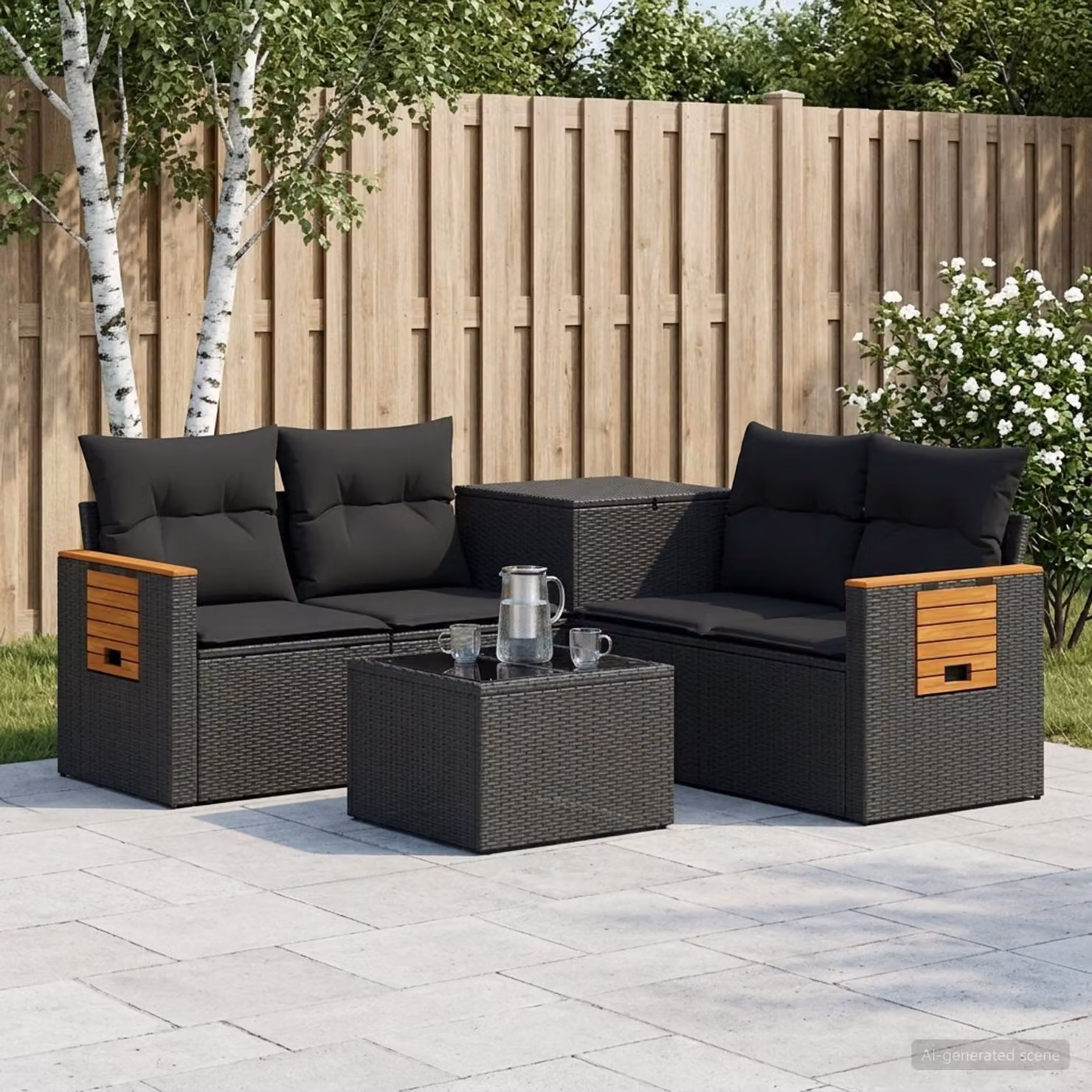 Set da giardino vidaXL composto da 6 pezzi in rattan sintetico e metallo nero con divani a L, divani a 2 posti, tavolino da caffè e cuscini inclusi