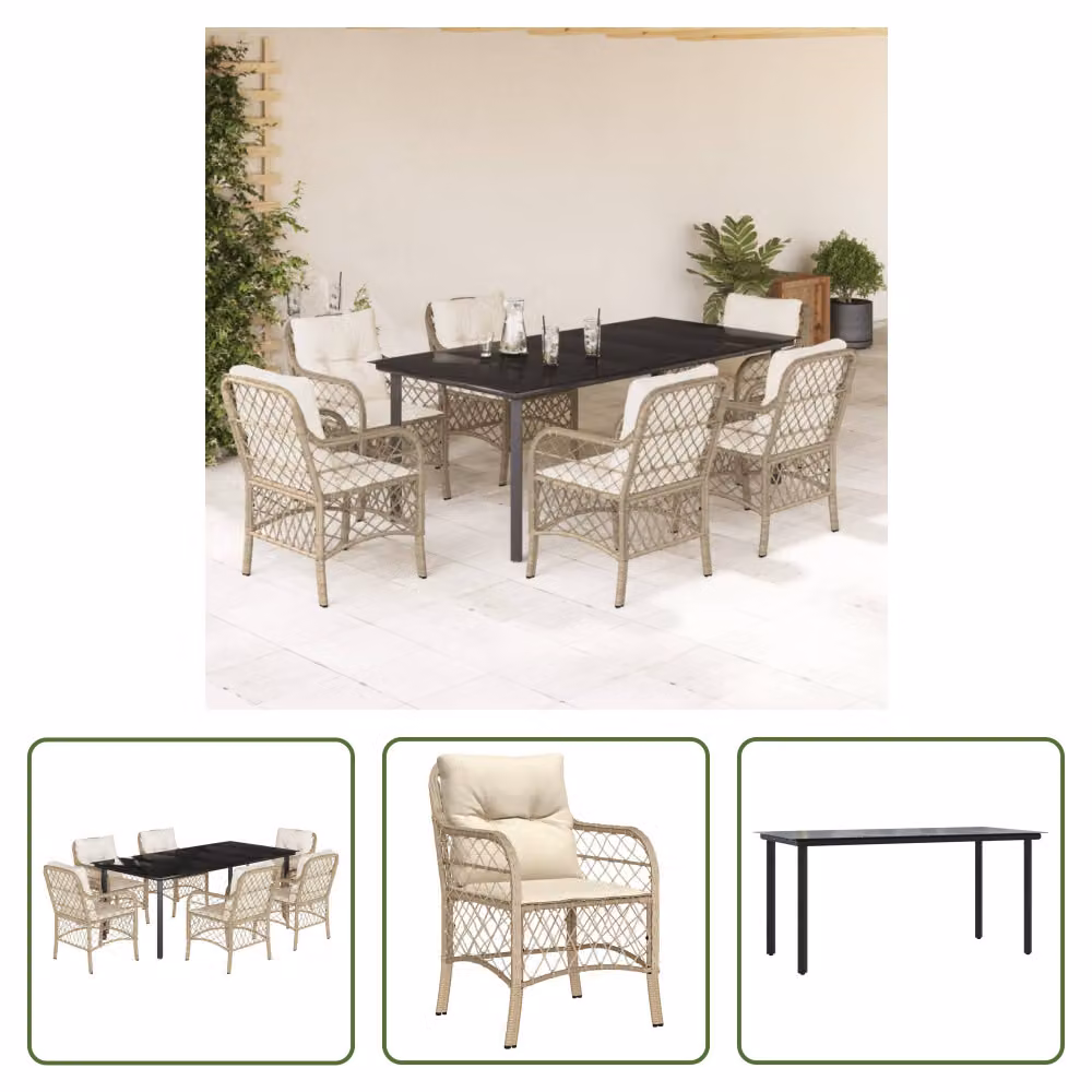 The Living Store Set da pranzo da giardino 7 pezzi con cuscini Beige poly rattan