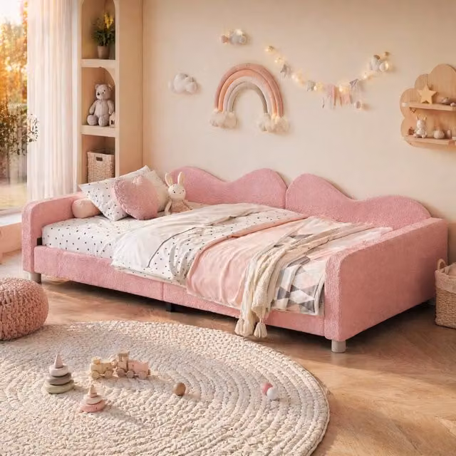 Letto singolo imbottito Mivray con rete a doghe e schienale avvolgente, rosa, L/P/H: 90 x 200 cm