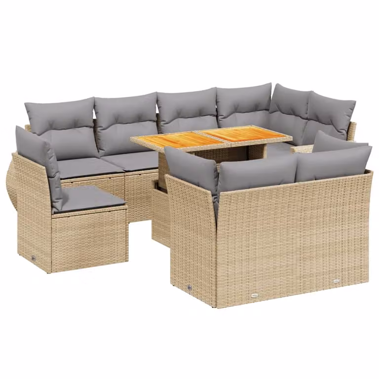 Set Divano da Giardino 9 pz con Cuscini Beige in Polyrattan