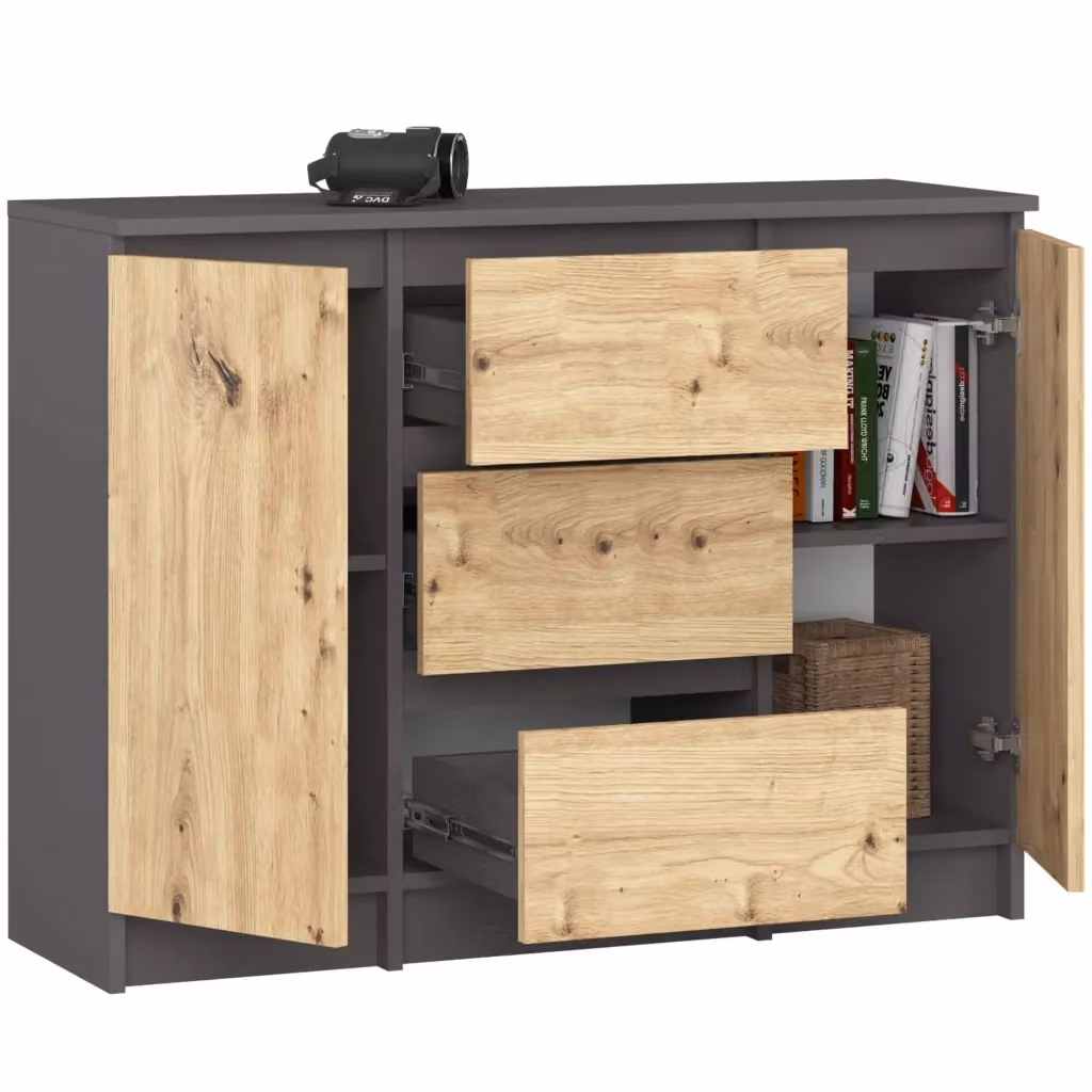 Cassettiera AKORD K100 Artigiana Grigio Grafite con inserto Quercia, L: 101 cm, P: 35 cm, H: 76 cm – 2