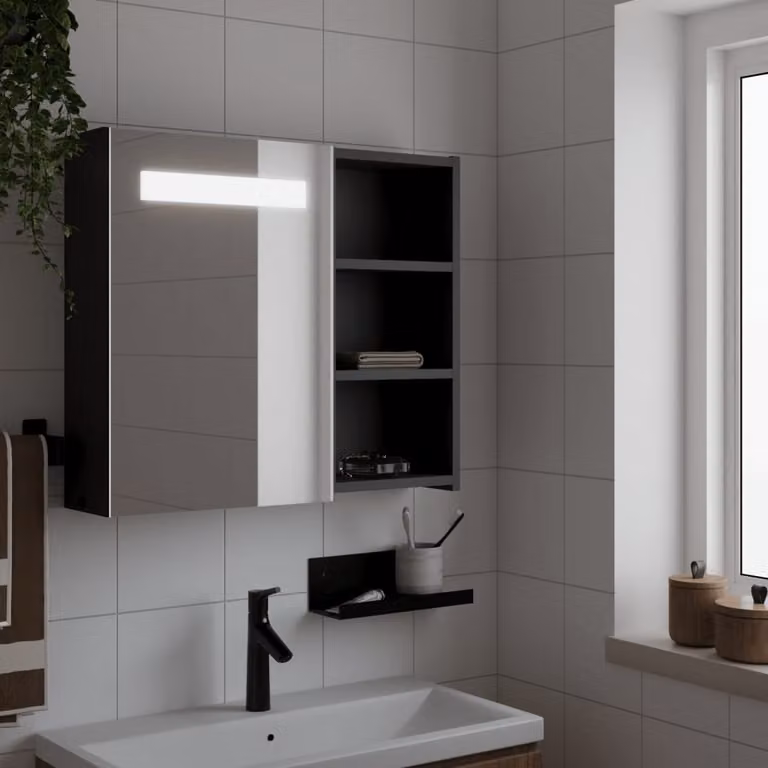 Armadietto da bagno moderno vidaXL con specchio e illuminazione LED nero L: 60 cm, P: 13 cm, H: 52 cm