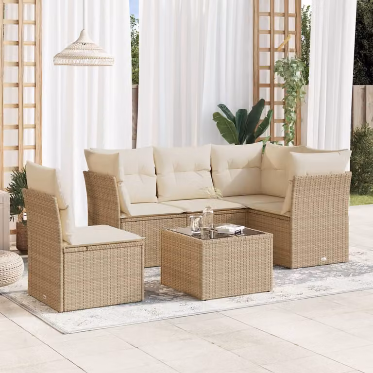 vidaXL Set Divano da Giardino 6 pz a Forma di L con Cuscini Beige e Tavolino da Esterno in Polyrattan e Acciaio