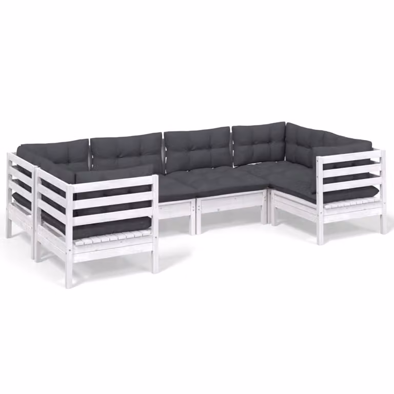 Set Divani da Giardino 6 pz con Cuscini Bianchi Legno di Pino